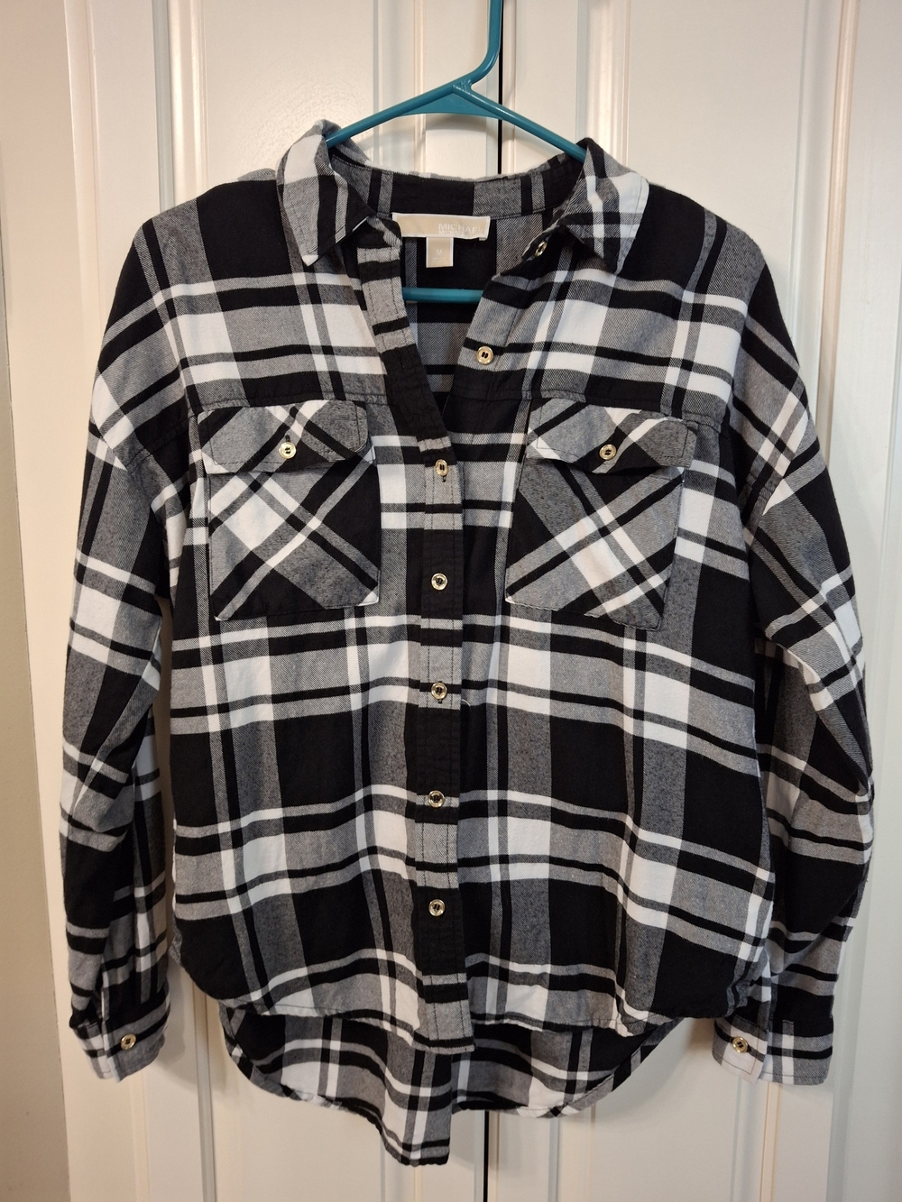 Womens Black & White Plaid Button-Up Jacket Shirt